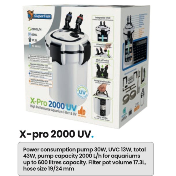 Utvendig akvariefilter X-Pro 2000 Uv + 2 stk ekstra 13w prer  